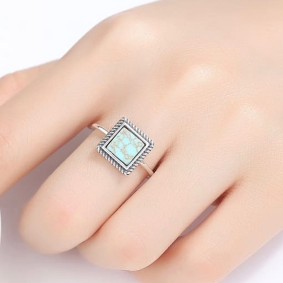 925 Sterling Silver Natural Turquoise Square Vintage Open Ring - Picture 3 of 4
